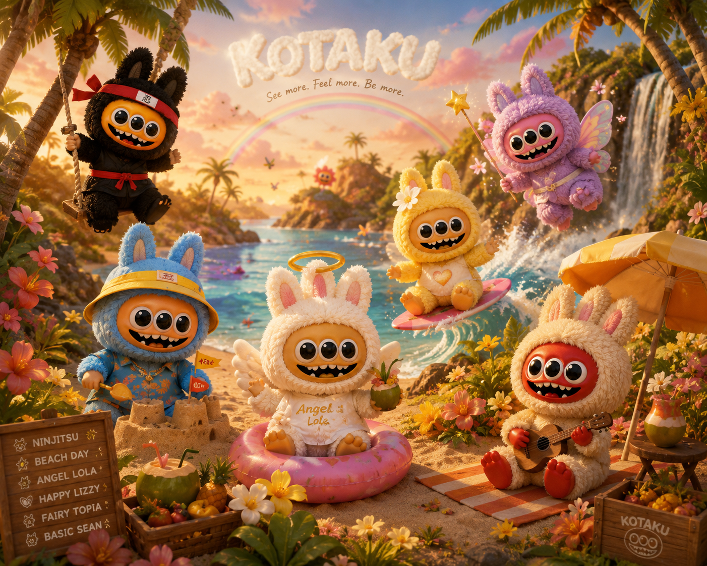 The Kotaku crew — Ninjitsu, Beach Day, Angel Lola, Happy Lizzy, Fairy Topia and Basic Sean — on a tropical shore